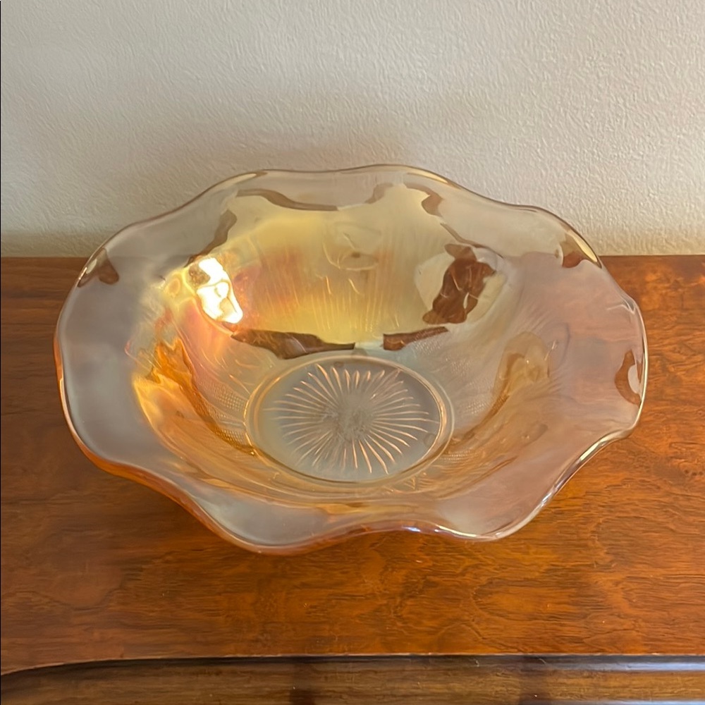 Vintage Jeannette Glass Company bowl in the "Iris and Herringbone" pattern.